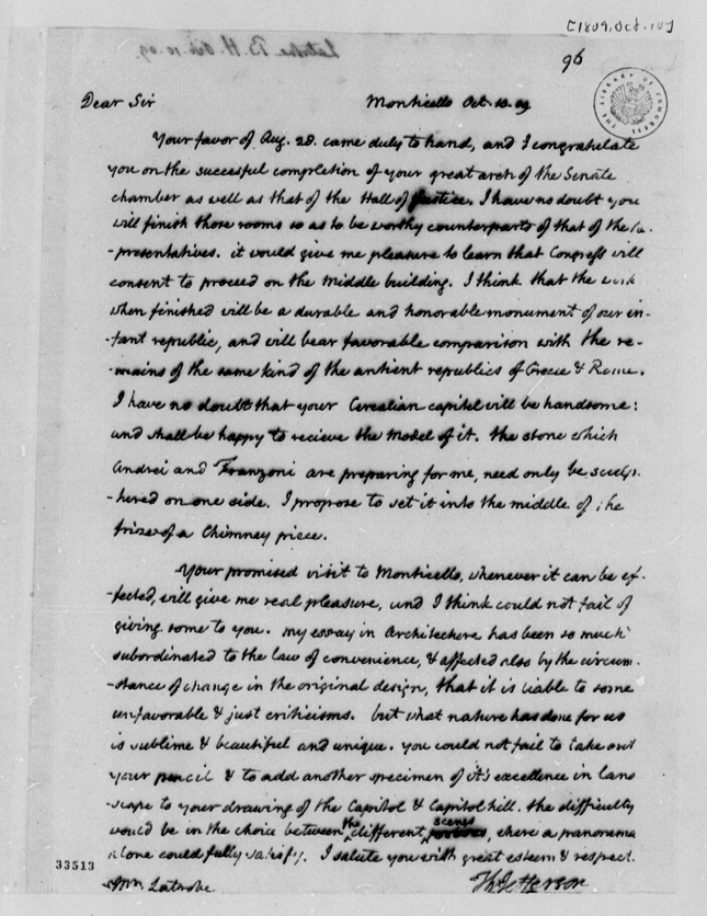 Jefferson Letter to Benjamin H. Latrobe, Oct. 10, 1809